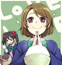 Rule 34 | + +, 10s, 2girls, ascii media works, black hair, blazer, blush, bow, bowl, brown hair, empty, food, food on face, hair bow, hitoto, jacket, koizumi hanayo, looking at viewer, love live!, love live! school idol project, multiple girls, open mouth, own hands together, purple eyes, red eyes, rice, rice bowl, rice cooker, rice on face, shamoji, school uniform, short hair, smile, twintails, yazawa nico
