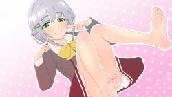 Rule 34 | 1girl, barefoot, blush, bow, bowtie, breasts, brown eyes, closed mouth, collared shirt, commentary request, convenient leg, dutch angle, feet, foreshortening, frilled skirt, frills, full body, gradient background, grey hair, grey shirt, hair ornament, hairclip, hands up, head tilt, highres, idolmaster, idolmaster cinderella girls, knees together feet apart, koshimizu sachiko, legs, long sleeves, looking at viewer, makaizou (yawo87), medium hair, pink background, pleated skirt, pointing, pointing at self, red skirt, shirt, sidelocks, sitting, skirt, small breasts, smile, soles, solo, thighs, toes, white background, yellow bow, yellow bowtie