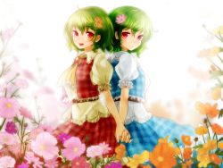 Rule 34 | 2girls, alternate color, ascot, back-to-back, backlighting, bad id, bad pixiv id, brooch, dual persona, flower, grass, green hair, hair flower, hair ornament, holding hands, interlocked fingers, jewelry, kazami yuuka, looking at viewer, multiple girls, open mouth, player 2, puffy sleeves, red eyes, shironeko yuuki, shirt, short sleeves, skirt, skirt set, smile, tall grass, touhou, vest