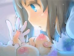 Rule 34 | 2girls, animated, animated gif, anus, asahina madoka, bed, black hair, blue eyes, blush, bouncing breasts, bra, grabbing another&#039;s breast, breast sucking, breasts, clothed sex, clothes lift, grabbing, long hair, lowres, multiple girls, nanase kaori, navel, nipples, open mouth, rondo duo, shirt lift, short hair, tears, tinkle bell, tongue, twintails, underwear, yuri