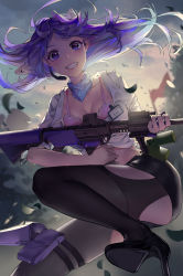 Rule 34 | 1girl, absurdres, black footwear, black pantyhose, black skirt, blue scarf, bra, chinese commentary, clothing cutout, commentary request, debris, grin, gun, high heels, highres, holding, holding gun, holding weapon, holster, long hair, looking at viewer, mmmilk, name tag, open clothes, open shirt, original, outdoors, pantyhose, pencil skirt, pink bra, purple eyes, purple hair, scarf, shirt, skirt, smile, solo, thigh cutout, thigh holster, underwear, weapon, weapon request, white shirt