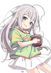 Rule 34 | 1girl, ahoge, bare shoulders, blush, bra strap, braid, breasts, character name, cowboy shot, dot nose, flower pot, food print, from side, green shirt, grey eyes, grey hair, hands up, holding, holding flower pot, hoshi syoko, idolmaster, idolmaster cinderella girls, idolmaster cinderella girls starlight stage, kuresuku (lessons), long hair, looking at viewer, mushroom print, off-shoulder shirt, off shoulder, open mouth, pleated skirt, print shirt, red trim, shirt, side braid, single braid, skirt, small breasts, smile, solo, standing, very long hair, white skirt