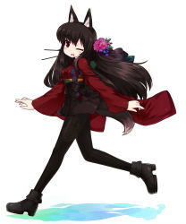 Rule 34 | 1girl, animal ears, black hair, black pantyhose, boots, flower, full body, hair flower, hair ornament, hairpin, highres, japanese clothes, kimono, ktsecond, long hair, one eye closed, original, pantyhose, print pantyhose, red eyes, shoes, smile, solo, tail, wink, wolf ears, wolf tail