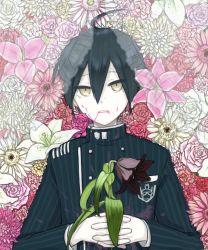 Rule 34 | 1boy, ahoge, black flower, black hair, blood, blood from mouth, brown eyes, buttons, closed mouth, commentary request, danganronpa (series), danganronpa v3: killing harmony, double-breasted, floral background, flower, from above, hair between eyes, hands up, holding, holding flower, jacket, kana (kttn r), long sleeves, looking at viewer, lying, male focus, on back, pale skin, pink blood, pink flower, pink rose, red flower, rose, saihara shuichi, short hair, solo, striped clothes, striped jacket, upper body