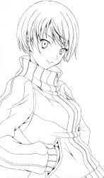 Rule 34 | atlus, greyscale, hands in pockets, highres, jacket, lineart, maron (jkpersona5705orz), monochrome, persona, persona 4, satonaka chie, short hair, solo, track jacket