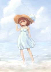 Rule 34 | 10s, 1girl, alternate costume, beach, bow, brown eyes, brown hair, cloud, cloudy sky, day, dress, hair ornament, hairclip, hand on headwear, hat, hat bow, ikazuchi (kancolle), kantai collection, ocean, one eye closed, outdoors, short hair, sky, smile, solo, straw hat, sundress, wading, wamu (chartreuse)