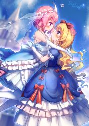 Rule 34 | 2girls, absurdres, baozishark, blonde hair, blue dress, blue sky, blurry, blurry background, bow, bridal veil, closed mouth, dated, dress, dress bow, elbow gloves, from side, gloves, hair bow, highres, hug, long hair, looking at another, looking at viewer, multiple girls, outdoors, pink hair, red bow, saigyouji yuyuko, short hair, signature, sky, touhou, veil, white gloves, yakumo yukari, yellow eyes, yuri