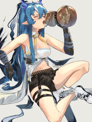 Rule 34 | 1girl, arknights, black shorts, blue hair, closed eyes, koffre3, ling (arknights), pointy ears, shorts, thigh strap
