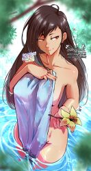 1girl absurdres black_hair branch breasts brown_eyes english_text eyelashes final_fantasy final_fantasy_vii flower haysey highres long_hair looking_to_the_side naked_towel nude paid_reward_available partially_submerged smile solo thighs tifa_lockhart towel very_long_hair water wet wet_towel