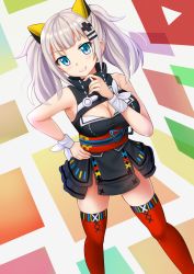 Rule 34 | 1girl, bare shoulders, blue eyes, blush, breasts, cleavage, commentary, english commentary, grin, hair ornament, hairclip, highres, kaguya luna, kazenokaze, large breasts, legs apart, long hair, looking at viewer, obi, red thighhighs, sash, silver hair, sleeveless, smile, solo, the moon studio, thighhighs, twintails, virtual youtuber, wristband