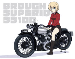 Rule 34 | 1girl, absurdres, black footwear, black skirt, blonde hair, blue eyes, boots, braid, brough superior, closed mouth, commentary, country connection, darjeeling (girls und panzer), epaulettes, girls und panzer, highres, jacket, kano (nakanotakahiro1029), long sleeves, looking at viewer, military, military uniform, miniskirt, motor vehicle, motorcycle, pleated skirt, red jacket, shadow, short hair, simple background, sitting, skirt, smile, solo, st. gloriana&#039;s military uniform, twin braids, uniform, white background