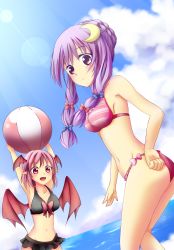 Rule 34 | 2girls, alternate hairstyle, ball, beachball, bikini, braid, breasts, carrying overhead, chitose ame (artist), cloud, cloudy sky, cowboy shot, crescent, crescent hair ornament, crescent moon, day, demon wings, expressionless, french braid, hair ornament, head wings, highres, koakuma, lens flare, long hair, looking at viewer, medium breasts, midriff, moon, multiple girls, navel, ocean, open mouth, patchouli knowledge, pointy ears, purple hair, red eyes, red hair, short hair, side-tie bikini bottom, sideboob, sky, striped bikini, striped clothes, swimsuit, touhou, wings
