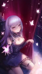 Rule 34 | 1girl, absurdres, arm strap, asumi sena, bare shoulders, black collar, black dress, blunt bangs, braid, bug, butterfly, candle, collar, corset, crown braid, curtains, dress, fang, french braid, frilled dress, frills, grey hair, highres, insect, kneeling, lolita fashion, long hair, looking at viewer, multicolored hair, official alternate costume, pink hair, red eyes, skin fang, smile, solo, streaked hair, thigh strap, virtual youtuber, vspo!, yahiro (heartseek000)