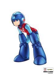 Rule 34 | 1boy, absurdres, android, artist request, bent over, blue eyes, blue footwear, blue helmet, boots, full body, hands on own knees, helmet, highres, male focus, mega man (character), mega man (classic), mega man (series), mega man day, official art, red shirt, second-party source, shirt, simple background, solo, sportswear, volleyball uniform, white background