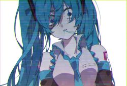 Rule 34 | 1girl, bare shoulders, blue hair, blue necktie, breasts, collared shirt, constricted pupils, detached sleeves, eiku, hair between eyes, hair in own mouth, hatsune miku, highres, long hair, looking at viewer, necktie, parted lips, shirt, sleeveless, sleeveless shirt, solo, static, tattoo, twintails, upper body, very long hair, vocaloid, white background, wide-eyed