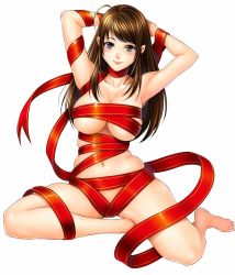 Rule 34 | 1girl, armpits, arms behind head, bad anatomy, bad feet, bad id, bad pixiv id, barefoot, black eyes, breasts, brown hair, collarbone, full body, large breasts, lips, long hair, naked ribbon, navel, nude, nukodi, original, poorly drawn, red ribbon, ribbon, simple background, sitting, skindentation, smile, solo, white background