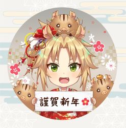 Rule 34 | 1girl, :d, animal, animal ears, animal on head, blonde hair, blush, boar, chinese zodiac, commentary request, egasumi, fang, fate/apocrypha, fate (series), floral print, flower, green eyes, hair flower, hair ornament, highres, holding, holding sign, japanese clothes, kemonomimi mode, kimono, kurono kito, looking at viewer, mordred (fate), mordred (fate/apocrypha), on head, one side up, open mouth, parted bangs, pig ears, print kimono, red flower, red kimono, sidelocks, sign, smile, solo, translation request, v-shaped eyebrows, white flower, year of the pig