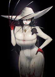 Rule 34 | 1girl, alcina dimitrescu, black background, black flower, black hair, black rose, blood, blood on breasts, blood on clothes, blood on hands, blueorca, breasts, cleavage, corsage, dress, earrings, fingernails, flower, gloves, hand on own hip, hat, highres, jewelry, large breasts, long fingernails, long hair, mature female, monster girl, necklace, one eye covered, pale skin, red gloves, resident evil, resident evil village, rose, untied hair, white dress, yellow eyes