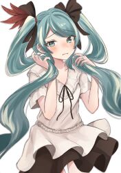 Rule 34 | absurdres, apron, aqua eyes, aqua hair, aqua nails, black skirt, blouse, breasts, collarbone, embarrassed, feather hair ornament, feathers, frilled shirt, frills, hair ornament, hair ribbon, hatsune miku, highres, long hair, meruko-san, miniskirt, nervous, playing with own hair, project diva (series), red feathers, ribbon, shirt, skirt, small breasts, supreme (module), twintails, very long hair, waist apron, wavy mouth, white shirt, world is mine (vocaloid)