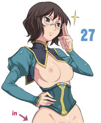 Rule 34 | 00s, 1girl, adjusting eyewear, bottomless, breasts, female pubic hair, glasses, gundam, gundam 00, large breasts, maruto!, nipples, out-of-frame censoring, pubic hair, shirin bakhtiar, solo, topless