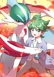 Rule 34 | 1boy, absurdres, blush, brown pants, clenched hand, collared shirt, commentary request, creatures (company), gallade, game freak, gen 4 pokemon, green hair, grey eyes, grey jacket, highres, holding hands, jacket, legs apart, looking at viewer, male focus, mega gallade, mega pokemon, nintendo, open clothes, open jacket, open mouth, pants, pokemon, pokemon (creature), pokemon oras, pon yui, shirt, short hair, tongue, wally (pokemon), white shirt