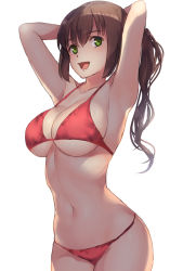 Rule 34 | 1girl, bikini, breasts, brown hair, cowboy shot, green eyes, highres, large breasts, long hair, navel, open mouth, original, ponytail, red bikini, riichi (rouchi), simple background, solo, stomach, swimsuit, underboob, white background
