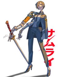 Rule 34 | 1girl, absurdres, brown hair, cigarette, cyberpunk, cyborg, extra arms, formal, full body, hand on own hip, high heels, highres, holding, holding sword, holding weapon, jacket, jacket on shoulders, koutetu yarou, mechanical arms, necktie, original, pant suit, pants, prosthesis, prosthetic arm, red eyes, science fiction, short hair, solo, standing, suit, sword, very short hair, weapon, white background