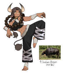 Rule 34 | 1girl, abs, absurdres, animal ears, bandaged arm, bandaged foot, bandages, bead necklace, beads, bison, breasts, brown hair, cow ears, cow girl, cow horns, cow tail, dark-skinned female, dark skin, facial mark, fighting stance, foot wraps, forehead mark, gomulgong, highres, horns, jewelry, large breasts, long hair, muscular, muscular female, necklace, orange eyes, original, pants, photo-referenced, photo inset, solo, standing, standing on one leg, tail, tiptoes