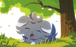 Rule 34 | closed eyes, creature, creatures (company), espurr, facing viewer, fangs, full body, game freak, gen 6 pokemon, grass, hyogonosuke, nintendo, no humans, official art, open mouth, outdoors, pokemon, pokemon (creature), pokemon tcg, shadow, solo, third-party source, tree, yawning