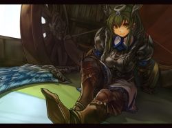 Rule 34 | 1girl, armor, capcom, character request, green hair, horns, letterboxed, long hair, looking at viewer, monster hunter (series), monster hunter 4, pointy ears, sachito, sidelocks, sitting, smile, solo, sword, tiara, weapon, wheel, yellow eyes