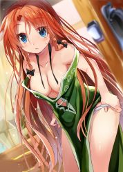Rule 34 | 1girl, blue eyes, braid, breasts, cleavage, collarbone, dress, efe, green dress, hong meiling, large breasts, long hair, looking at viewer, no bra, open clothes, open dress, panties, panty pull, red hair, side slit, solo, thighs, touhou, twin braids, underwear, undressing, very long hair, walk-in, white panties