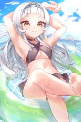 Rule 34 | 1girl, absurdres, armpits, arms up, bad feet, barefoot, bikini, black bikini, blue sky, blunt bangs, blurry, blurry background, blush, breasts, choker, closed mouth, cloud, cloudy sky, eyelashes, foot out of frame, foot up, grey hair, halterneck, highres, hololive, innertube, leaning back, long hair, looking at viewer, murasaki shion, murasaki shion (hololive summer 2019), navel, official alternate costume, orange eyes, outdoors, short eyebrows, side-tie bikini bottom, sidelocks, sika sikabiimu, sitting, sky, small breasts, smile, solo, stomach, swim ring, swimsuit, thighs, underboob, virtual youtuber, water, wet
