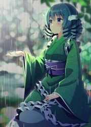 Rule 34 | 1girl, blue eyes, blue hair, blurry, blurry background, bokeh, closed mouth, depth of field, drill hair, fins, frilled kimono, frilled sleeves, frills, green kimono, hand on lap, head fins, japanese clothes, kimono, long sleeves, looking afar, medium hair, mermaid, monster girl, obi, outdoors, outstretched hand, rain, rock, sash, sitting, solo, tareme, touhou, wakasagihime, water, wide sleeves, yuuka nonoko