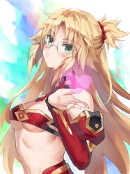 Rule 34 | 1girl, alternate hair length, alternate hairstyle, bespectacled, blonde hair, blowing kiss, blush, braid, breasts, cleavage, commentary, detached collar, detached sleeves, fate/apocrypha, fate/grand order, fate (series), glasses, green eyes, heart, highres, long hair, looking at viewer, medium breasts, mordred (fate), mordred (fate/apocrypha), red sleeves, solo, symbol-only commentary, tonee, upper body