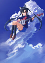 Rule 34 | 1girl, black hair, black socks, blazer, blue jacket, blue skirt, blue sky, blush, brown eyes, brown footwear, closed mouth, cloud, collared shirt, commentary request, day, full body, guitar, hair between eyes, highres, holding, holding instrument, instrument, jacket, k-on!, kneehighs, long hair, long sleeves, looking at viewer, mandei (nao 1234567), music, nakano azusa, neck ribbon, outdoors, playing instrument, pleated skirt, red ribbon, ribbon, sakuragaoka high school uniform, school uniform, shirt, sidelocks, skirt, sky, smile, socks, solo, twintails, white shirt, winter uniform