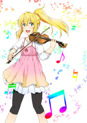 Rule 34 | 10s, 1girl, :d, black leggings, blonde hair, blouse, blue eyes, bow (music), camisole, camisole over clothes, highres, instrument, k.k, leggings, miyazono kawori, musical note, open mouth, ponytail, school uniform, scrunchie, shigatsu wa kimi no uso, shirt, smile, solo, violin