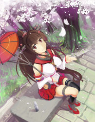 Rule 34 | 10s, 1girl, breasts, brown eyes, brown hair, cherry blossoms, female focus, grass, highres, kaizi (252164hxk), kantai collection, large breasts, long hair, parasol, ponytail, ramune, single thighhigh, skirt, smile, solo, stairs, stone stairs, thigh strap, thighhighs, umbrella, very long hair, yamato (kancolle)
