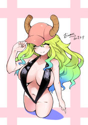 Rule 34 | 1girl, artist name, baseball cap, black one-piece swimsuit, blonde hair, blue hair, blush, breasts, closed eyes, covered erect nipples, dated, dragon girl, dragon horns, einess, gradient hair, green hair, hat, highres, horns, kobayashi-san chi no maidragon, large breasts, lucoa (maidragon), multicolored hair, navel, one-piece swimsuit, slingshot swimsuit, smile, solo, swimsuit, wavy hair