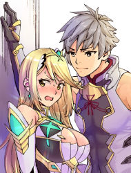Rule 34 | 1boy, 1girl, addam origo, armor, bare shoulders, blonde hair, blush, breasts, cleavage, closed mouth, dress, earrings, elbow gloves, gem, gloves, grey hair, hair ornament, headpiece, jewelry, kabedon, large breasts, long hair, mythra (xenoblade), nervous, nintendo, ooshima aki, open mouth, short hair, shoulder armor, sweat, sweatdrop, swept bangs, tiara, very long hair, wall, white dress, xenoblade chronicles (series), xenoblade chronicles 2, xenoblade chronicles 2: torna - the golden country, yellow eyes