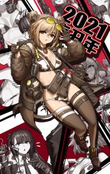 Rule 34 | absurdres, animal print, bikini, breasts, buckle, bullpup, character request, cheogtanbyeong, choker, cow print, double bun, gas mask, girls&#039; frontline, gun, hair bun, highres, light brown hair, making-of available, mask, medium breasts, multiple girls, p90, p90 (girls&#039; frontline), personal defense weapon, red eyes, short hair, side-tie bikini bottom, snap-fit buckle, solo focus, st ar-15 (girls&#039; frontline), submachine gun, swimsuit, wa2000 (girls&#039; frontline), weapon