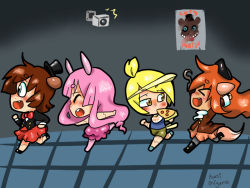 Rule 34 | &gt; &lt;, 4girls, artist name, blonde hair, bonnie (fnaf), brown hair, chica, closed eyes, english text, fang, five nights at freddy&#039;s, food, foxy (fnaf), freddy fazbear, hat, hook hand, kuroi onigumo, mouth hold, multiple girls, open mouth, orange hair, pink hair, pizza, pizza slice, poster (object), profile, running, security camera, skirt, top hat