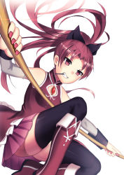 Rule 34 | 1girl, black bow, black thighhighs, boots, bow, clenched teeth, detached sleeves, floating hair, grey sleeves, hair bow, hiroshiko (restart), holding, holding polearm, holding weapon, knee boots, long hair, long sleeves, mahou shoujo madoka magica, mahou shoujo madoka magica (anime), miniskirt, nail polish, office lady, on one knee, pink skirt, pleated skirt, polearm, ponytail, red eyes, red footwear, red hair, red nails, sakura kyoko, simple background, skirt, teeth, thighhighs, very long hair, weapon, white background, zettai ryouiki