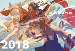 Rule 34 | 1girl, 2018, animal ears, blush, brown eyes, brown hair, dog, dog ears, hand fan, fox mask, happy new year, highres, holding, holding fan, looking away, mask, mask on head, nengajou, new year, open mouth, original, pine (yellowpine112), short hair, smile