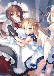 Rule 34 | 1girl, 2girls, absurdres, angel, angel wings, apron, black dress, blonde hair, blue eyes, blush, breasts, brown hair, dress, frills, fuyoyo, glasses, gloves, hair ornament, highres, hug, large breasts, long hair, looking at viewer, maid, maid apron, maid headdress, multiple girls, neck ribbon, open mouth, original, ponytail, red eyes, red ribbon, ribbon, thighhighs, white apron, white dress, white thighhighs, wings