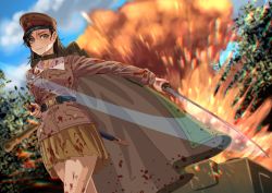 Rule 34 | 1girl, adapted costume, asymmetrical bangs, belt, black belt, black hair, blood, blue sky, brown cape, brown eyes, brown hat, brown jacket, cape, chi-hatan military uniform, closed mouth, cloud, cloudy sky, commentary request, day, dutch angle, explosion, frown, girls und panzer, green cape, hat, highres, holding, holding sword, holding weapon, jacket, katana, long hair, long sleeves, looking at viewer, military, military hat, military uniform, military vehicle, miniskirt, motion blur, motor vehicle, nishi kinuyo, outdoors, partial commentary, peaked cap, pleated skirt, scabbard, sheath, skirt, sky, solo, standing, star (symbol), straight hair, sword, tank, tigern (tigern28502735), tree, two-sided cape, two-sided fabric, uniform, unsheathed, weapon, yellow skirt