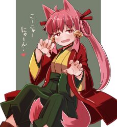Rule 34 | 1girl, ahoge, animal ears, bell, claw pose, commentary request, feet out of frame, fox ears, fox girl, fox tail, green sash, green skirt, hair ribbon, hair rings, hands up, haori, heart, highres, jacket, japanese clothes, jingle bell, kimono, light blush, long hair, long sleeves, looking at viewer, multiple tails, open mouth, original, pink hair, pink tail, red eyes, red jacket, red ribbon, ribbon, sash, simple background, sitting, skirt, solo, sweat, tail, translation request, twintails, wavy mouth, wide sleeves, yellow kimono, yukinagi