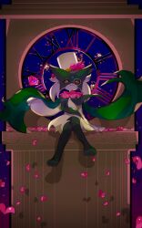 Rule 34 | absurdres, animal feet, animal hands, animal nose, black fur, body fur, claws, creatures (company), crossed legs, furry, game freak, gem, green fur, hat, highres, lole pokemon, meowscarada, monocle, nintendo, petals, pokemon, pokemon (creature), pokemon sv, sitting, top hat, two-tone fur, white hat