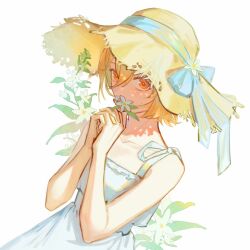 Rule 34 | 1girl, bare arms, blonde hair, blue bow, bow, closed mouth, don quixote (project moon), dress, flower, hands up, hat, hat bow, highres, leaf, limbus company, liyln02617464, looking at viewer, project moon, simple background, solo, straw hat, sundress, upper body, white background, white dress, white flower, yellow eyes