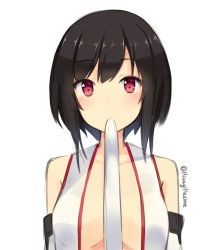 Rule 34 | 10s, 1girl, bad id, bad pixiv id, bare shoulders, black hair, blush, breasts, detached sleeves, eating, eyeshadow, food, food in mouth, japanese clothes, kantai collection, large breasts, looking at viewer, makeup, mochi, mouth hold, no bra, nontraditional miko, open clothes, red eyes, short hair, shuuichi, simple background, solo, twitter username, upper body, wagashi, white background, yamashiro (kancolle)