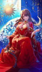 Rule 34 | 1girl, aikura chihiro, bare shoulders, black hair, blue eyes, braid, braided ponytail, breasts, cleavage, cloak, craft essence (fate), crossed legs, dress, fate/grand order, fate (series), gold trim, hephaestion (fate), large breasts, long hair, looking at viewer, official art, red cloak, red dress, sitting, solo, very long hair